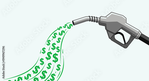 Fuel nozzle pumping money, dollar signs flowing out, financial concept, gas pump expense