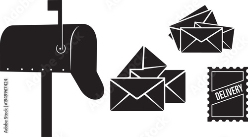 a black mailbox with a flag and envelopes on a white background, symbolizing communication and delivery.