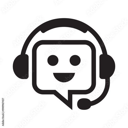 Simple black and white icon of a chatbot with a headset