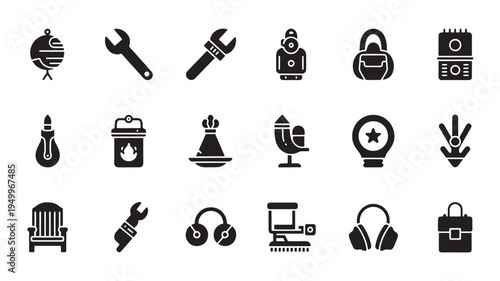 Collection of diverse icons representing various tools, technology, and activities