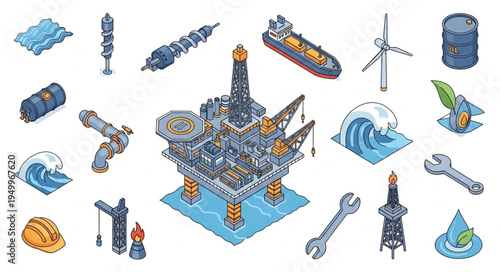Isometric Illustration of Oil Rig and Renewable Energy Sources.