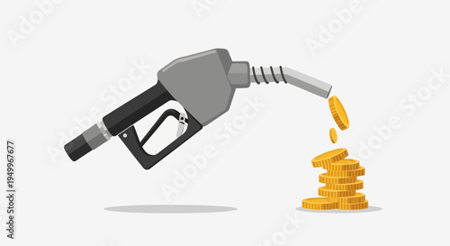 Fuel nozzle pouring coins, saving money on gasoline, fuel efficiency, economy concept