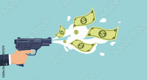 Vector illustration of hand holding gun shooting money