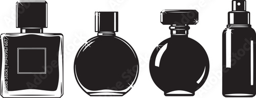 This image features four different black perfume bottles with various shapes and designs, set against a clean white background. The bottles have distinct styles, including a square, round, spherical.