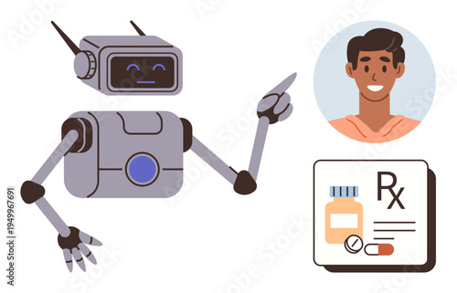 Artificial intelligence, virtual healthcare, medical assistance, prescription management, patient interaction, innovative technology. Robot interacting with patient and prescription. AI and virtual