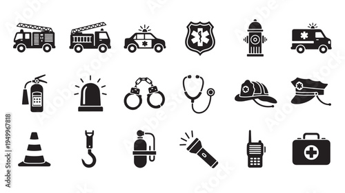 Essential icons representing emergency services and safety equipment