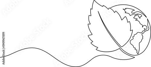 Leaf and earth globe continuous one line art for ecology and world environment day