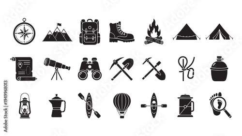 Essential icons for outdoor adventure and camping equipment