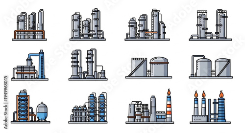 Oil Refinery Plant Icons - Industrial Complex Illustrations.