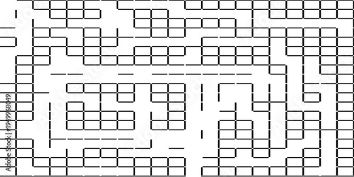 Black and White Geometric Labyrinth Pattern, Minimalist Square Grid Maze Abstract Background, Tech Structure Vector Concept.