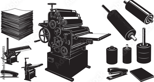 a black and white illustration of an old printing press with various components, including ink rollers and a stack of paper, for use in educational or historical contexts