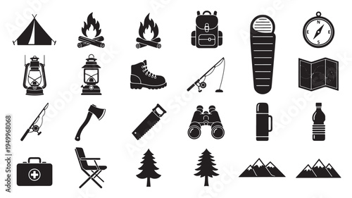 Essential icons for camping and outdoor adventure gear and activities