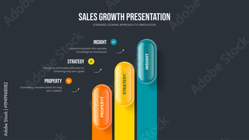 Sales Analysis 3 Option Diagram Frame Layout. Company Launch Three Element Infographic Slide Template. Consulting Briefing Slideshow Design Vector Illustration.