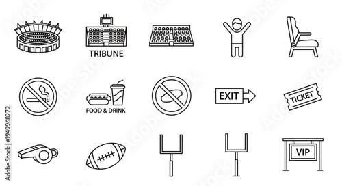 Collection of American Football and Stadium Related Line Art Icons.