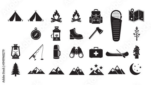 camping and outdoor adventure essentials flat design vector illustration
