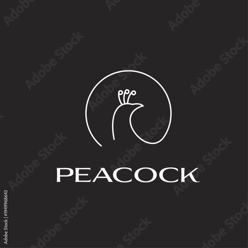 Minimalist White Line Art Peacock Head Logo Design with Crest on Black Background