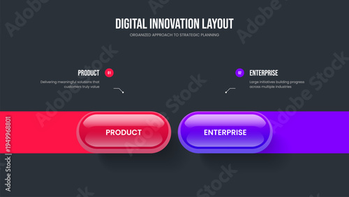 Project Planning Frame Design Vector Illustration. Digital Performance Two Step Diagram Slide Layout. Modern Introduction 2 Element Infographic Presentation Template.