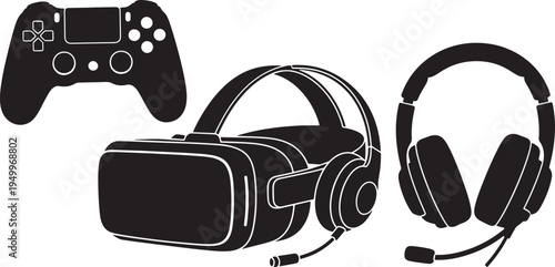 A black and white illustration featuring a video game controller, virtual reality headset, and gaming headphones on a white background, perfect for use in gaming, technology.