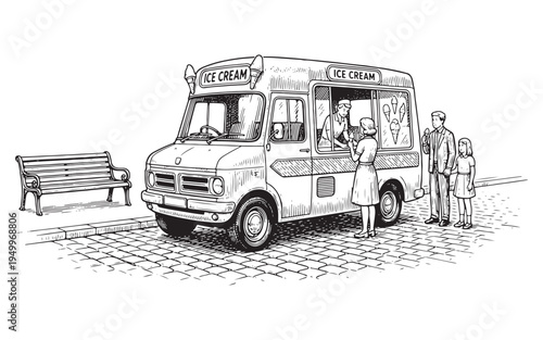 Vintage ice cream truck parked in a park with customers sketch illustration