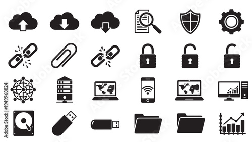 Comprehensive collection of icons representing cloud computing, cybersecurity, and data management
