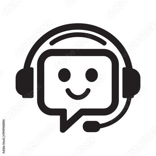 Black and white icon depicting customer support with a headset and chat bubble