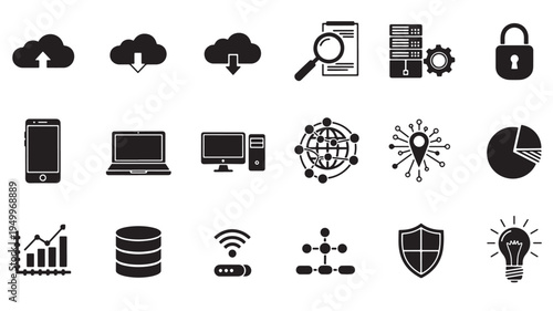 Collection of icons representing technology, data, and digital security concepts