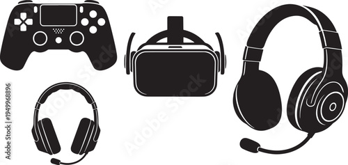 A set of black silhouette icons featuring a gaming controller, a VR headset, and two different headsets, ideal for use in designs related to gaming, technology, or virtual reality.