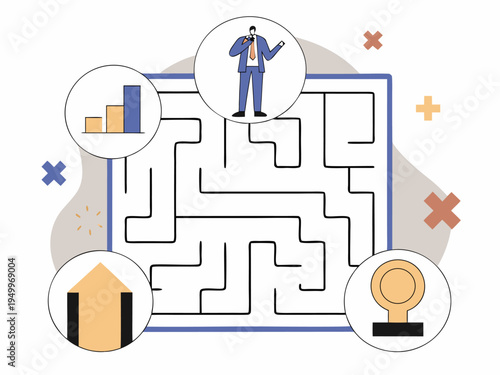 Businessman navigates through a complex maze to achieve success with strategy and leadership skills required
