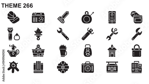 Collection of icons representing various tools and camping essentials for outdoor activities