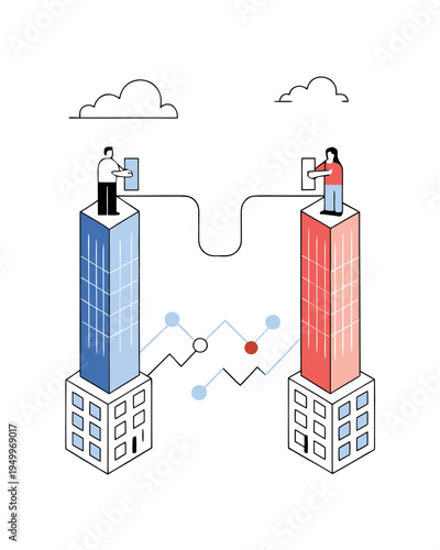 Business partners collaborating and exchanging information between two connected office buildings