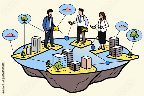 Business professionals exchanging data on a floating island with city and cloud connections worldwide instantly