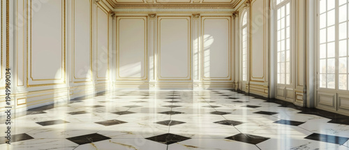 A magnificent and opulent palace ballroom with ornate moldings, gilded accents, and a stunning checkered marble floor that creates a captivating and awe-inspiring visual display.