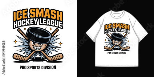 Ice Smash Hockey League Pro Sports Division vector illustration with cartoon puck character and crossed hockey sticks for t-shirt design