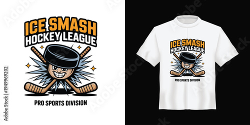 Ice Smash Hockey League Pro Sports Division vector logo design with cartoon puck character, crossed hockey sticks, and starburst effect, ideal for sports branding, apparel, and merchandise.
