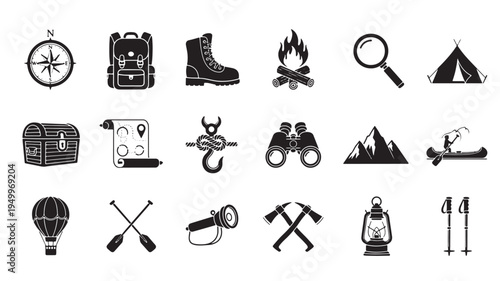 Adventure and exploration icon collection featuring classic outdoor gear and tools