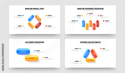 Enterprise Solution 4 5 2 3 Option Diagram Slide Template Bundle. Market Profile Four Five Two Three Step Infographic Frame Layout Vector Illustration Set.