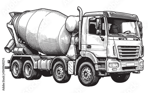 Industrial concrete mixer truck for construction site vintage sketch illustration