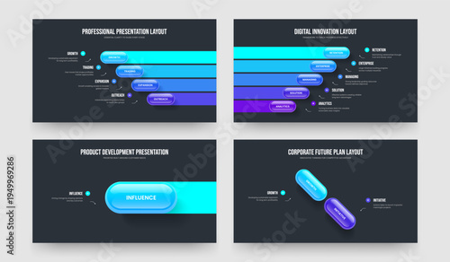 Product Showcase Four Five One Two Option Diagram Slide Design Vector Illustration Set. Digital Launch 4 5 1 2 Step Infographic Presentation Layout Bundle.