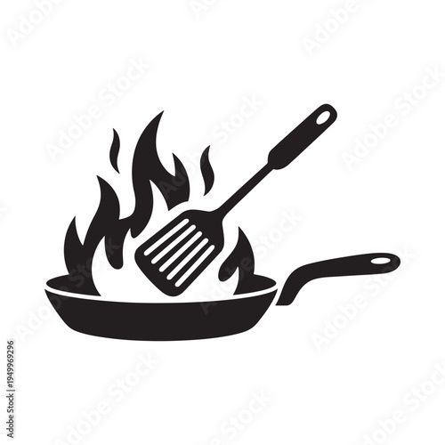 Burning pan with spatula a simple black and white kitchen disaster icon