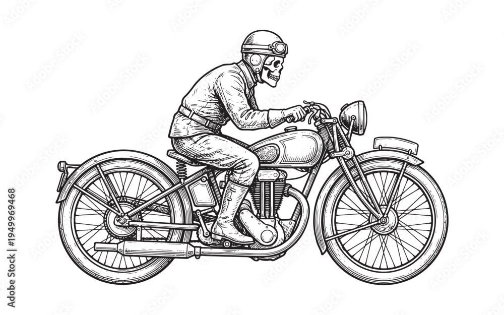 Naklejka premium human skeleton riding a classic motorcycle vintage sketch