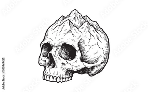 Surreal vintage illustration of mountain peaks emerging from a human skull