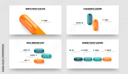 Visual Innovation 1 2 3 4 Step Infographic Presentation Layout Set. Enterprise Plan One Two Three Four Option Diagram Slide Template Vector Illustration Bundle.