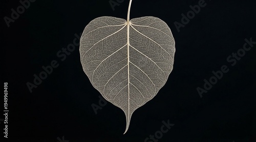 Skeleton Leaf Veins: A dried, translucent peepal leaf showing only the intricate, lace-like vascular network against a high-contrast black background.