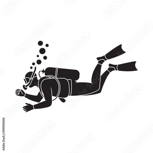 Silhouette of a scuba diver swimming underwater with bubbles rising