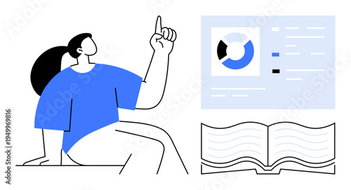 Data analysis concept. Data analysis with charts and graphs as a woman learns and references an open book. Data visualization for education, business, analytics, research, and training