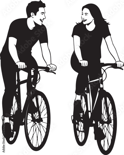 couple riding bicycles side by side smiling at each other leisurely outdoor activity