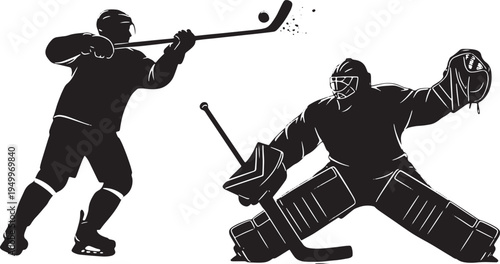 This image captures the dynamic action of ice hockey players in silhouette, showcasing skills on the ice with hockey sticks and equipment under dramatic lighting.
