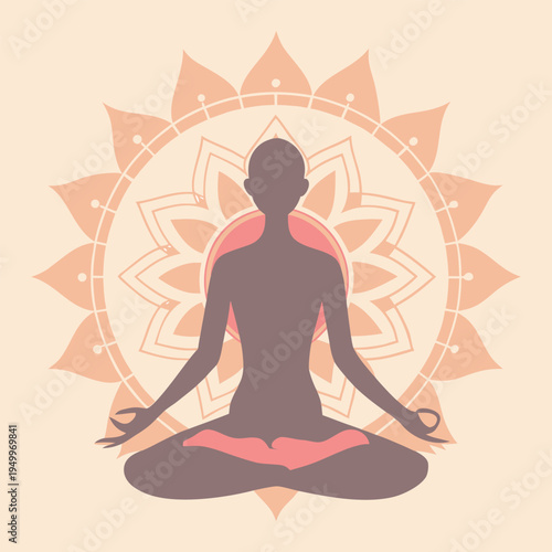 illustration of a yoga silhouette sitting in meditation pose with a large decorative mandala behind.