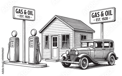 gas station with fuel pump and classic car sketch illustration