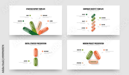 Advertising Briefing Four Five Two Three Step Diagram Presentation Template Vector Illustration Set. Product Performance 4 5 2 3 Element Infographic Slideshow Design Bundle.